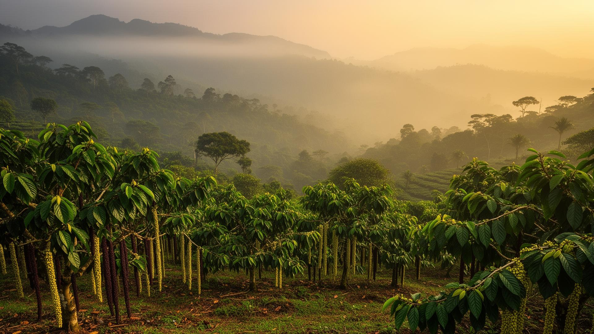 Misty cocoa and spice gardens of Idukki at dawn